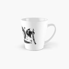 a black and white drawing of a cat with stars on it's head tall mug