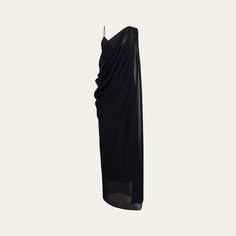 Khaite "Taj" dress with a draped detail Asymmetric neckline Sleeveless Column silhouette Full length Silk Dry clean Made in USA Draped Silk Dress, Long Drapes, Asymmetric Neckline, Bergdorf Goodman, Silk Dress, Made In Usa, Full Length, Tops Designs, Dry Clean