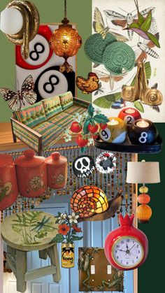 a collage of photos with different items and colors on them, including lamps, clocks, wall hangings