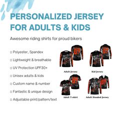 Specially designed for proud bikers. Let's wear this awesome jersey shirt and be bold. PERSONALIZED RIDING JERSEY: This super cool shirt is exactly what all bikers are looking for. Add your name/number to make it a unique one that bears your own imprints. UPF 30+ SPF PROTECTION: Be confident on your ride with this protective jersey from harmful UVA/UVB rays. UNISEX ADULTS & KIDS: Our riding jerseys are all ideal for men, women & youth bikers. Check the size chart to find your fitted size. COMFOR Casual Jersey With Custom Print, Casual Sports Jersey With Custom Print, Casual Crew Neck Jersey With Custom Print, Motocross Shirts For Women, Dirt Bike Hoodie, Bike Freestyle, Dirt Bike Jersey, Motocross Shirts, Sublimation Print Short Sleeve T-shirt For Motorcycling