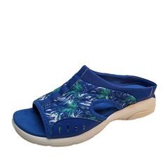 Easy Spirit Traciee casual sandals withontoured footbed and an EVA molded outsole. It is lightweight with trendy cutout Textile faux leather UpperLightweight round toe slip on slide sandalsCushioned footbed for arch supportRubber soleImported Blue Casual Slip-on Footbed Sandals, Blue Slip-resistant Sports Sandals, Blue Sporty Sandals With Slip-resistant Sole, Blue Slip-resistant Sandals For Outdoor, Blue Non-slip Open Toe Sport Sandals, Easy Spirit, Palm Print, Casual Sandals, Slide Sandals