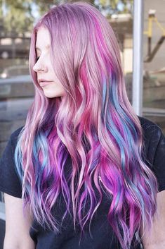 Best Purple And Blue Hair Looks ★ Bright Summer Hair Color, Summer Hair Color For Blondes, Pink Purple Blue Hair, Purple Blue Hair, Purple And Blue Hair, Red Balayage Hair, Mermaid Hair Color, Hair Colorful