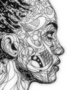 a black and white drawing of a woman's face with intricate designs on it