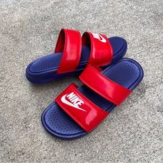 Women Nike Benassi Duo " Jdi " Just Do It Deep Royal Blue / Red / White Women's Us Size 8 Condition: Brand New - Without Box *Satisfaction Is 100% Guaranteed* Additional Notes: Guaranteed To Be 100% Authentic Nike Merchandise (Purchased From An Authorized Nike Retailer) Sandal Slide Sandals Color Straps Strap Two 2 Comfortable Whites Silvers Flip Flops Wmn Woman Women's Sz10 Size10 Red Slides For Sports In Summer, Red Slides For Sports And Summer, Casual Red Slides With Cushioned Footbed, Nike Benassi Duo, Nike Flip Flops, Silver Flip Flops, Foam Sandals, Nike Sandals, Air Jordans Women