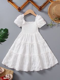 Young Girls Elegant Shirred Puff Sleeve Ruffle Hem Layered Cake Dress, Suitable For Party And Vacation, Summer White Boho  Short Sleeve Fabric Plain A Line Non-Stretch  Young Girls Clothing, size features are:Bust: ,Length: ,Sleeve Length: Shirred Dress, Dress Cake, Ruffle Hem Dress, Toddler Clothes, Puffed Sleeves Dress, Toddler Girl Dresses, Wearing Clothes, Toddler Girl Outfits, Hem Dress