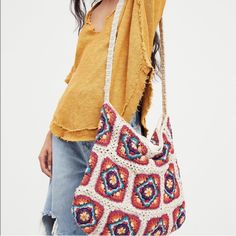 Free People For Anthropologie Colorful And Fun Crossbody Bohemian Tote Bag. Cream W/ Multi-Color Geometric Squares (Purple, Pink, Blue, Orange, Tan) Carry It All And Make A Statement While You Do. This Handmade Crochet Bag Is Featured In A Slouchy, Hobo Style Silhouette With A Colorful, Patterned Design. Shoulder Strap Unstructured Style Hand Crocheted Unstructured Style Construction 100% Cotton Lined Hand Crocheted Top Zip Closure Inner Pocket Crossbody Shoulder Strap, 18” Drop Brand New, Tag R Granny Square Patchwork, Crochet Hobo Bag, Square Patchwork, Patchwork Purse, Crochet Boho Bag, Boho Tote Bag, Free People Bags, Slouch Bags, Bag Pattern Free