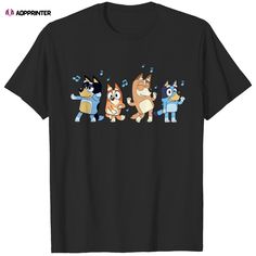 Dancing Bluey Family Shirt, Bluey Birthday Shirt, Bluey Family Birthday Shirts, Blue Pre-shrunk Shirt For Birthday, Novelty Blue Tops With Funny Print, Funny Blue Tops For Birthday, Funny Blue Crew Neck Shirt, Funny Crew Neck Blue Shirt, Blue Character Print Top For Birthday, Blue Tops With Character Print For Birthday, Blue Shirt With Character Print For Birthday