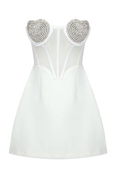 Details   Mini dress in innocent white with A-silhouette skirt. The dress features a boned mesh bodice, curved hemline and elastic back, ensuring a comfortable and form-fitting look. The padded cups are adorned with a hand-crafted heart-shaped crystal embellishment, adding a touch of glamour. The dress is fastened with a concealed side zipper closure and hook and eye, ensuring a seamless finish. Fully lined. Crafted to perfection for your special day, this dress radiates elegance and grace.   Si Heart Dress, Gothic Dress, Body Sculpting, Ykk Zipper, Fashion Event, White Sleeveless, Boho Maxi Dress, Tube Dress, Crystal Embellishment