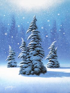 a painting of snow covered trees in the middle of a snowy landscape with stars and falling snow