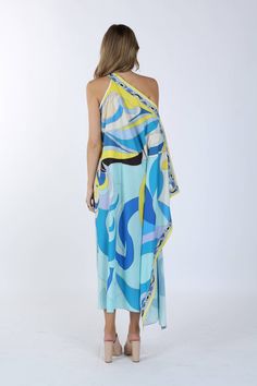 Unleash your inner fab with Perry, the printed off-the-shoulder caftan. Made from soft satin fabric, this maxi dress offers a relaxed fit and features a boat neck and one sleeveless design. Perfect for any occasion, get ready to turn heads with this playful and stylish piece! Caring for your clothes is caring for the environment! Wash your clothes with lower temperature and delicate spin cycles. It helps to maintain the color, shape and structure of the fabric. At the same time it reduces energy consumption that is used in care processes. Strapless Silk Maxi Dress For Summer, One Shoulder Maxi Dress For Beach, Chic Asymmetrical Neckline Maxi Dress For Vacation, Summer Vacation Maxi Dress With Asymmetrical Neckline, Spring Blue One Shoulder Dress For Vacation, Blue One-shoulder Dress For Spring Vacation, Blue One Shoulder Dress For Spring Vacation, Beach One-shoulder Maxi Dress, Blue One-shoulder Maxi Dress For Summer