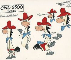 cartoon character sheet for the horse show, with four different hats and one wearing a cowboy outfit