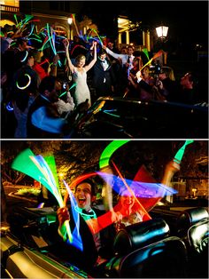 two pictures of people in the back of a car with their arms up and holding colorful streamers