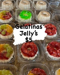 jelly pastries in plastic containers with the words gelatinas jelly's $ 5