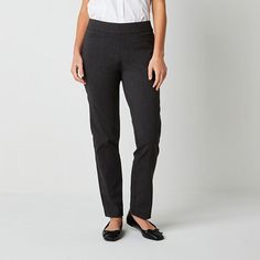 Liz Claiborne designed this pair of women's pull-on trousers to give you a sleek silhouette. They are cut for a straight-fit in a mid-rise with straight legs from a woven stretch fabric with a smooth elastic waistband. Wear yours with a blouse and heeled sandals.Front Style: Flat FrontFeatures: Stretch FabricClosure Type: Pull On, Full ElasticConcerns: Tummy SolutionsFit: Straight FitPockets: 2 Side Slip Pockets, 2 Back Slip PocketsRise: Mid RiseFiber Content: 75% Rayon, 22% Nylon, 3% SpandexFab Business Casual Straight Dress Pants With Pull-on Style, Comfort Stretch Dress Pants For Workwear, Tailored Pull-on Work Pants, Business Casual Pull-on Tapered Dress Pants, Comfort Stretch Straight Leg Work Bottoms, Tailored Pull-on Pants For Work, Classic Pull-on Style Dress Pants For Work, Classic Pull-on Dress Pants For Work, Comfort Stretch Straight Leg Bottoms For Work