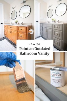 a collage of photos showing how to paint an outdated bathroom vanity