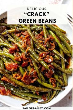 Crack green beans is a sweet and savory side dish topped with crispy bacon and smothered in a delicious brown sugar soy sauce. via @sailor_bailey Delicious Side Veggies, Soy Sauce Green Beans Brown Sugar, Apricot Glazed Green Beans, Green Bean And Bacon Side Dish, Green Bean Salad With Bacon, Green Beans Christmas Dinner, Side Dishes With Green Beans, Smother Green Beans, Green Side Salad Recipes