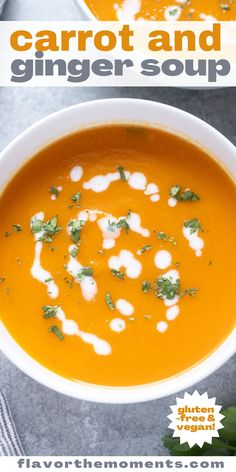 carrot and ginger soup in a white bowl with parsley on top, next to the recipe title