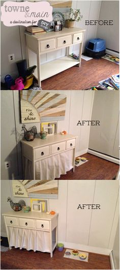 before and after photos of a white dresser