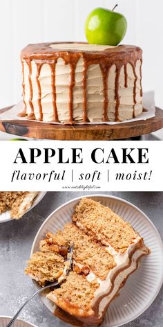 2 stacked images of apple cake: top image of apple cake on cake stand and bottom image of cake slice in plate Vanilla Cake With Apple Filling, Apple Cinnamon Birthday Cake, Fresh Apple Layer Cake Recipe, Apple And Caramel Cake, Layered Apple Cake Recipe, Apple Pie Layer Cake, Brown Sugar Apple Cake, Apple Cake With Maple Frosting, Apple Pie Cake Filling