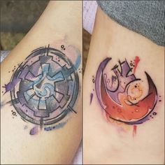 two tattoos on the legs of people with watercolors and ink, one has a clock