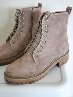 Natalie Taupe Boot 6.5-11 – Mota Boutique Taupe Boots, Faux Suede, Combat Boots, Style Me, Lookbook, Lace Up, Boutique, Zipper, Boots