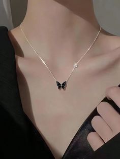 1pc Elegant Black Butterfly Pendant Necklace, Suitable For Women's Daily Wear, Festivals And Parties Black    Zinc Alloy     Women Fashion Jewelry, size features are:Bust: ,Length: ,Sleeve Length: Black Silver Jewelry, Black Necklace Aesthetic, Butterfly Neckless, Black Butterfly Necklace, Lace Bra Outfit, Formal Necklace, Black Jewellery, Crystal Bead Jewelry