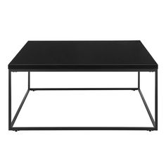 a black coffee table sitting on top of a metal frame base with a white background