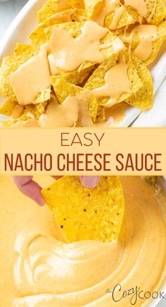 an easy nacho cheese sauce is being scooped from a white plate with tortilla chips