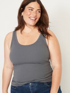 Our First Layer tank top is fitted, fabulous & soft.  Great outfits start here ➡️ Scoop neck.  Sleeveless arm openings.  Rib-knit cotton-blend, with comfortable stretch.  @modelsizes 5’9":S | 5'7":L | 5'10":XL @modelsizes Fitted through body. Gray Scoop Neck Cotton Tank Top, Casual Gray Scoop Neck Tank Top, Scoop Neck Tank Top For Layering, Scoop Neck Tank Top For Everyday Wear, Everyday Scoop Neck Tank Top, Everyday Crew Neck Seamless Tank Top, Solid Scoop Neck Tank Top For Layering, Scoop Back Tank Top For Everyday, Solid Color Scoop Neck Tank Top For Layering