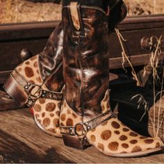 Freebird By Steven Boot Mohair Leopard Print Toe Rich Chocolate Brown Leather Shaft Leather Ankle Strap Beautifully Crafted Womens Cowboy Boots, Freebird Boots, Boots Leopard, Quality Leather Boots, Cognac Boots, Ankle Boots Dress, Handcrafted Boots, Black High Boots, Freebird By Steven