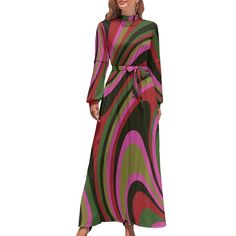 Get ready to groove in our Groovy Dress, a perfect embodiment of 70s Dress Style and the free-spirited vibe of the era. This 70s Maxi Dress features a captivating Abstract Multicolor Stripe pattern print, adding a playful and retro touch to your ensemble. The long A-line skirt and the Stripe Dress design capture the essence of the 70s style, exuding a carefree and bohemian spirit. Complete with a matching belt, this Hippie Dress allows you to define your waist and personalize your look. Step int Retro Multicolor Maxi Dress For Spring, Retro A-line Midi Dress For Fall, Retro Party Dress For Fall, Retro Fall Party Dress, Fall Party Retro Dress, Retro A-line Maxi Dress, Retro Multicolor Midi Dress, Fall Dresses With Retro Print, Retro A-line Fall Dresses