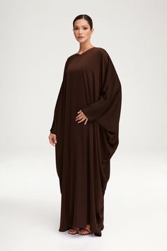 Anisa Satin Kaftan - Espresso Clothing Veiled Luxury Elegant Kaftan With Draped Sleeves, Luxury Flowy Dress With Draped Sleeves, Luxury V-neck Evening Abaya, Luxury Flowy V-neck Kaftan, Ramadan Nights, Satin Kaftan, Peplum Design, Peplum Designs, White Dress Formal