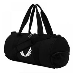 a black duffel bag with white arrows on it