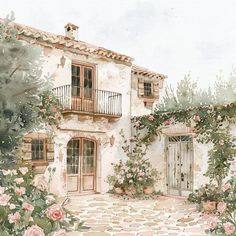 a watercolor painting of a house with roses on the front door and balcony area