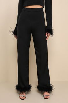 Get ready to celebrate all night long with a fun and memorable look like the Lulus Premium Aura Black Satin High-Rise Wide-Leg Feather Pants! These fabulous pants are composed of sleek woven satin that shapes a high, banded waist and straight pant legs that fall to full-length, feather-trimmed hems. Hidden side zipper/clasp. Pair with the matching top for a complete look! Fit: This garment fits true to size. Length: Floor length. Size medium Inseam: 31.50 Front Rise: 12.50 Waist: Fitted - very f Feather Pants, Black Satin Pants, Satin Two Piece Set, Pants Satin, Casual Formal Dresses, Lulu Fashion, Eve Outfit, Satin Pants, Casual Wedding Dress