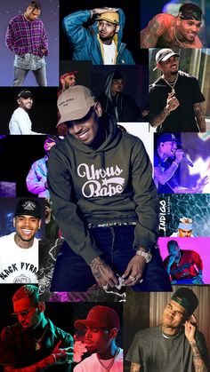 the collage shows many different pictures of men in hats and sweaters, one with his hands on his head