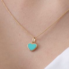 This elegant turquoise heart necklace is crafted with 14k solid gold, embodying timeless beauty and sophistication. Its minimalist design, combined with the finest craftsmanship, makes it a perfect piece for everyday wear or a meaningful gift for a loved one. This necklace is crafted with real 14k solid gold(not plated, not vermeil, not gold filled) You don't need to worry about water, perfume or conditioner contact since real gold doesn't tarnish. The center is hand applied turquoise color enam Blue 14k Gold Heart Pendant Jewelry, Elegant Turquoise Necklace With Heart Charm, Elegant Turquoise Heart Necklace For Gift, Elegant Turquoise Heart Cut Jewelry, Elegant Turquoise Heart-shaped Jewelry, Elegant Turquoise Necklace For Everyday Wear, Turquoise Necklace For Everyday Elegance, Elegant Turquoise Necklace For Everyday, Turquoise Heart Necklace