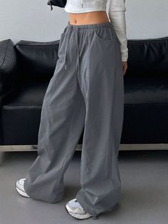 Drawstring Waist Parachute Pants Baggy Pants Light Grey Casual   Woven Fabric Plain Wide Leg Slight Stretch  Women Clothing, size features are:Bust: ,Length: ,Sleeve Length: Hippie Pants, Baggy Clothes, Wide Leg Sweatpants, Baggy Pant, Lovely Clothes, Pantalon Large, Loose Pants, Grey Pants, Womens Sweatpants