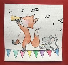 a watercolor painting of a fox and a mouse on a string with musical notes in the background