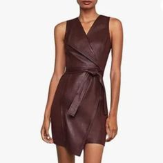 Bcbg Maxazria Layla Faux Leather Dress Size Xs Faux Wrap Chocolate Faux Leather Dress With Removable Belt V-Neck, Sleeveless With Asymmetrical Hemline High Quality Faux Leather, Hand Wash Cherry Color, Sour Cherry, Ponte Dress, Faux Leather Dress, Gorgeous Leather, Bcbgmaxazria Dresses, Leather Dresses, Urban Chic, Leather Dress