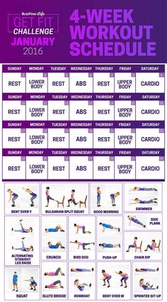 the 4 - week workout schedule is shown in purple and white, with images of people doing