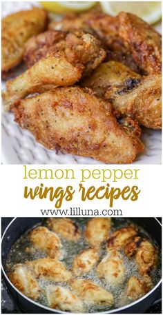 lemon pepper wings recipe in a skillet and on the stove with text overlay