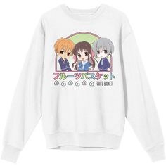 Celebrate your favorite anime characters with this Fruits Basket sweatshirt. The sweatshirt features chibi images of Kyo, Tohru, and Yuki standing in front of a green background while multi-colored letters below the characters spell out the show’s logo. The sweatshirt comes in a white long sleeve crew neck and makes a great gift for Fruits Basket fans. This item uses men's sizing. Kawaii Cotton Sweatshirt For School, Cotton Kawaii Sweatshirt For School, Cartoon Print Long Sleeve Sweatshirt For School, Kawaii Crew Neck Tops For Fan Merchandise, Kawaii Fan Merchandise Tops With Crew Neck, Kawaii Style Fan Merchandise Tops With Crew Neck, Harajuku Crew Neck Sweater With Cartoon Print, Cute Long Sleeve Sweatshirt With Character Print, Cute White School Sweatshirt