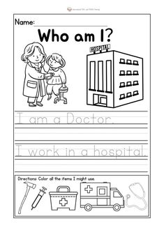 a worksheet with the words who am i? and an image of a doctor