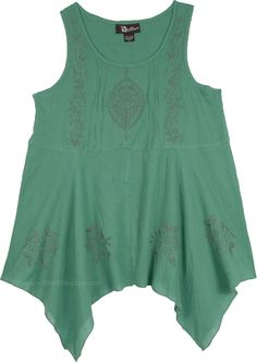 Whether a casual day out or date night, this spring leaf green top can style every event you have planned.  Featuring a round neckline, asymmetrical hem, and an embroidered bust and hem, this sleeveless top is an effortless piece. #tlb #Sleeveless #Embroidered #XLPlus #Misses #Handkerchief #beachwrap #Solid #WesternSkirts Casual Sleeveless Blouse With Floral Embroidery, Casual Sleeveless Top With Embroidered Hem, Spring Green Crew Neck Tank Top, Casual Sleeveless Embroidered Top For Summer, Casual Embroidered Tank Top For Spring, Green Fitted Tops With Asymmetrical Hem, Green Fitted Top With Asymmetrical Hem, Fitted Green Top With Asymmetrical Hem, Summer Casual Embroidered Sleeveless Blouse