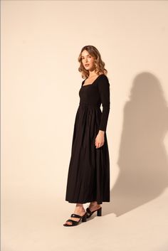 Expertly crafted for timeless elegance, the Galilea Dress in Black features a long sleeve and fitted top for a flattering silhouette. The square neckline adds a touch of sophistication while the full skirt and midi length offer versatile styling options for any occasion. Elevate your wardrobe with this must-have dress. The design process of Kleid is magic! Childhood best friends carefully review each detail to remain truthful to the reasons why they decided to embark in the adventure of reinvent Chic Fall Maxi Dress With Fitted Bodice, Square Neck Midi Dress For Work In Fall, Chic Maxi Dress With Fitted Bodice For Fall, Square Neck Midi Dress For Fall Workwear, Fall Maxi Dress With Fitted Bodice, Chic Fall Midi Dress With Straight Neckline, Chic Square Neck Maxi Dress For Fall, Fall Workwear Midi Dress With Square Neck, Elegant Square Neck Maxi Dress For Fall