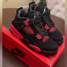 Used, Still Great Condition Jordan Shoes Red, Red Thunder, Jordan 4s, Jordan Black, Jordans For Men, Jordan Shoes, Mens Shoes Sneakers, Black Red, Men's Shoes