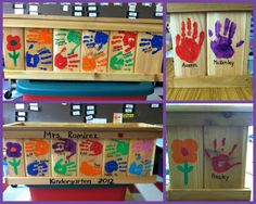 handprints are displayed on wooden boxes in different colors