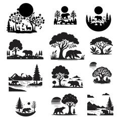 black and white silhouettes of different animals in the woods, trees, and mountains