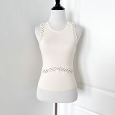 Express Crochet Cutout Knit Tank Top Blouse Brand New With Tags Size Medium Nude Cream Off White Beige Chic Crochet Top With Textured Knit For Layering, Chic Textured Crochet Top For Layering, Chic Pointelle Knit Crochet Top For Layering, Chic Crochet Top For Layering With Pointelle Knit, Chic Crochet Top With Pointelle Knit For Layering, Chic Knit Crochet Top For Layering, Chic Open Knit Crochet Top For Layering, Elegant White Knitted Top, Elegant Knit Crochet Top With Crochet Trim